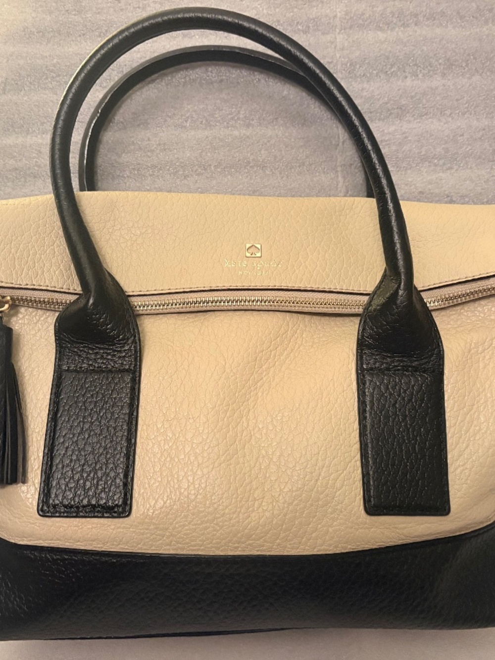 Kate Spade New York Pebbled Leather Satchel Cream Black Tassel Foldover Carryall
